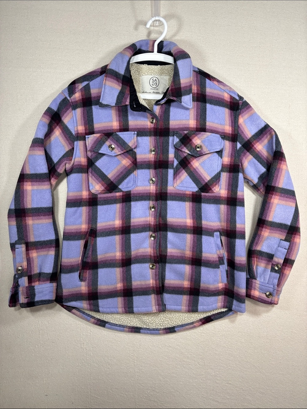 Women's Purple Plaid Sherpa-Lined Button Shirt Jacket